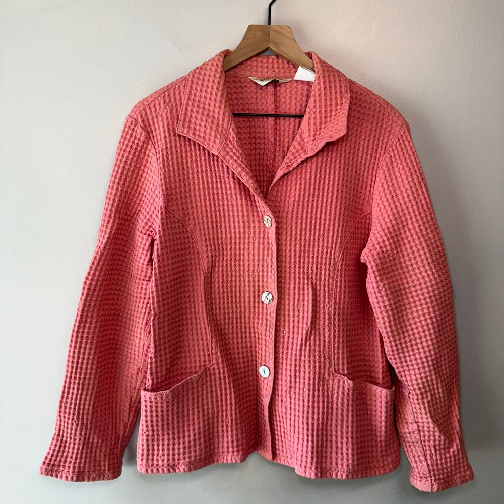 Orvis Women's Long Sleeve Button Waffle Weave Top Coral Pink Size Large
